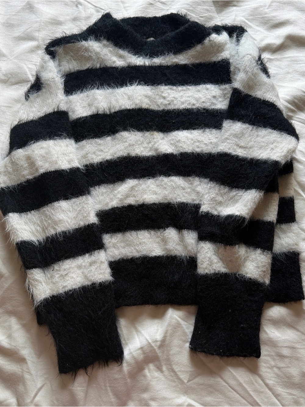 A New Day Black White Fuzzy Striped Sweater Cozy Knit Pullover Size XS